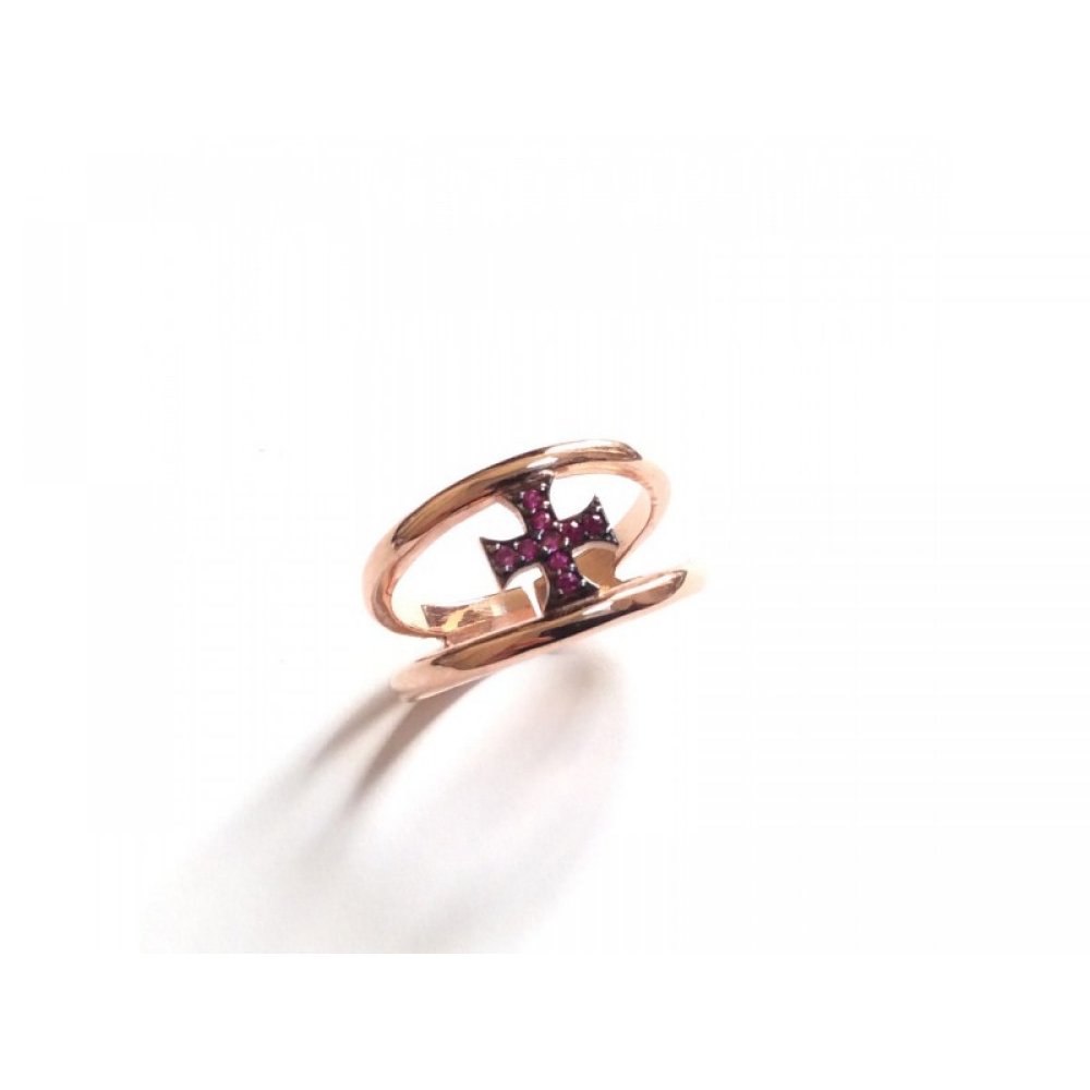 Silver ring, cross motif with red zircons