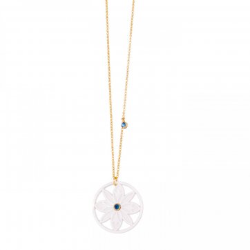 Harmony Mandala flower necklace, white onyx & blue zircon and chain with blue zircon