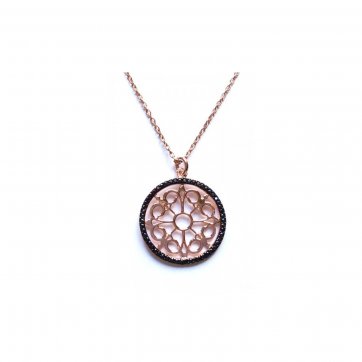 Nostalgia Silver necklace with round motif and black zircons