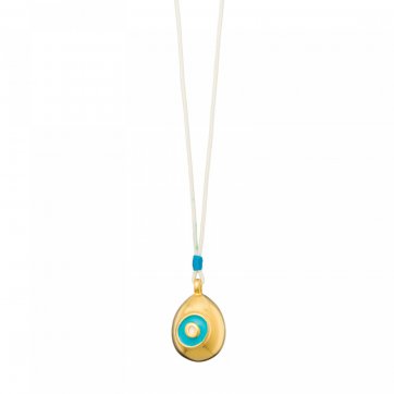 Paschalia Gold-plated necklace with 3D eye motif, turquoise and ivory enamel, ivory cord