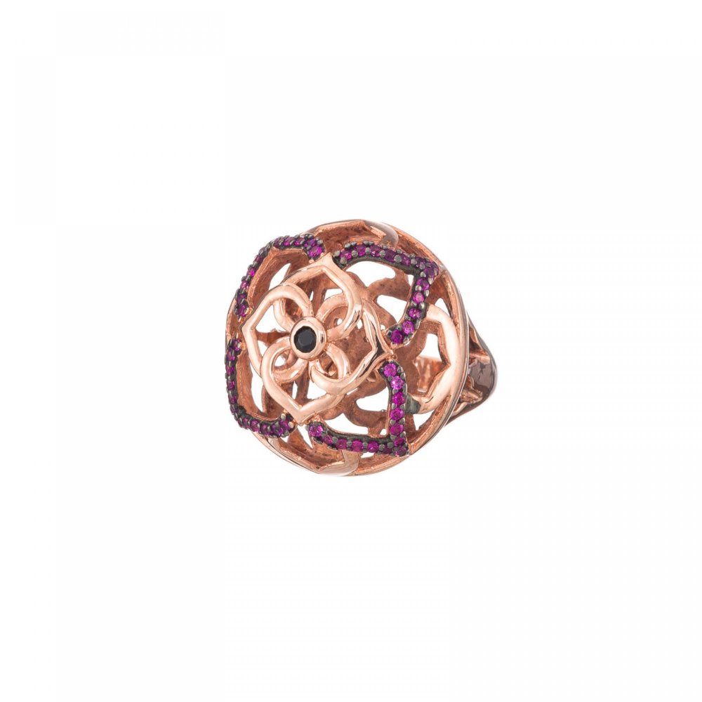 Silver ring, mandala flower, with fuchsia and black zircon