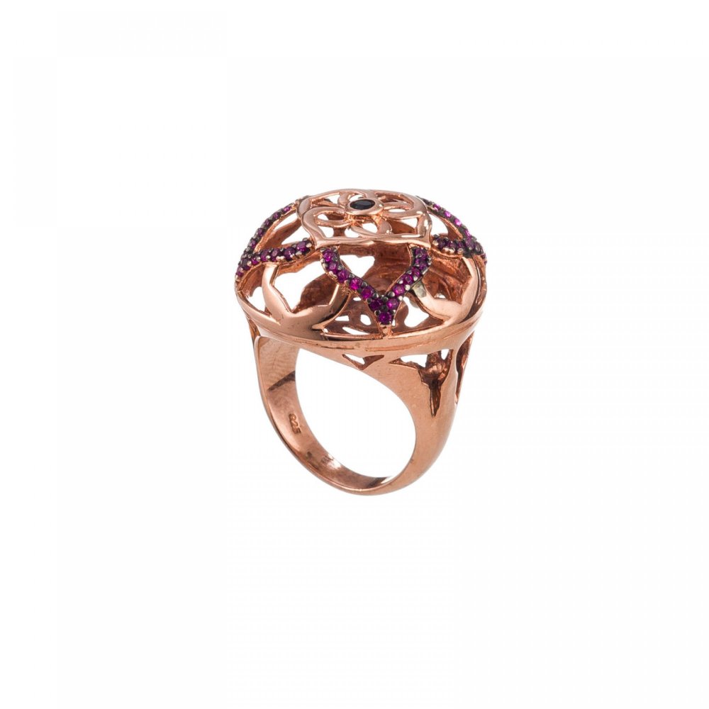 Silver ring, mandala flower, with fuchsia and black zircon