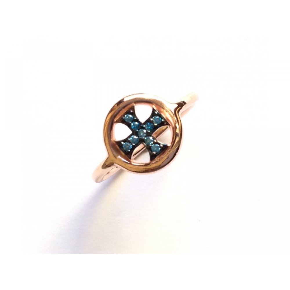 Ασημένιο δαχτυλίδι, μοτίφ σταυρός με θαλασσί ζιργκόν