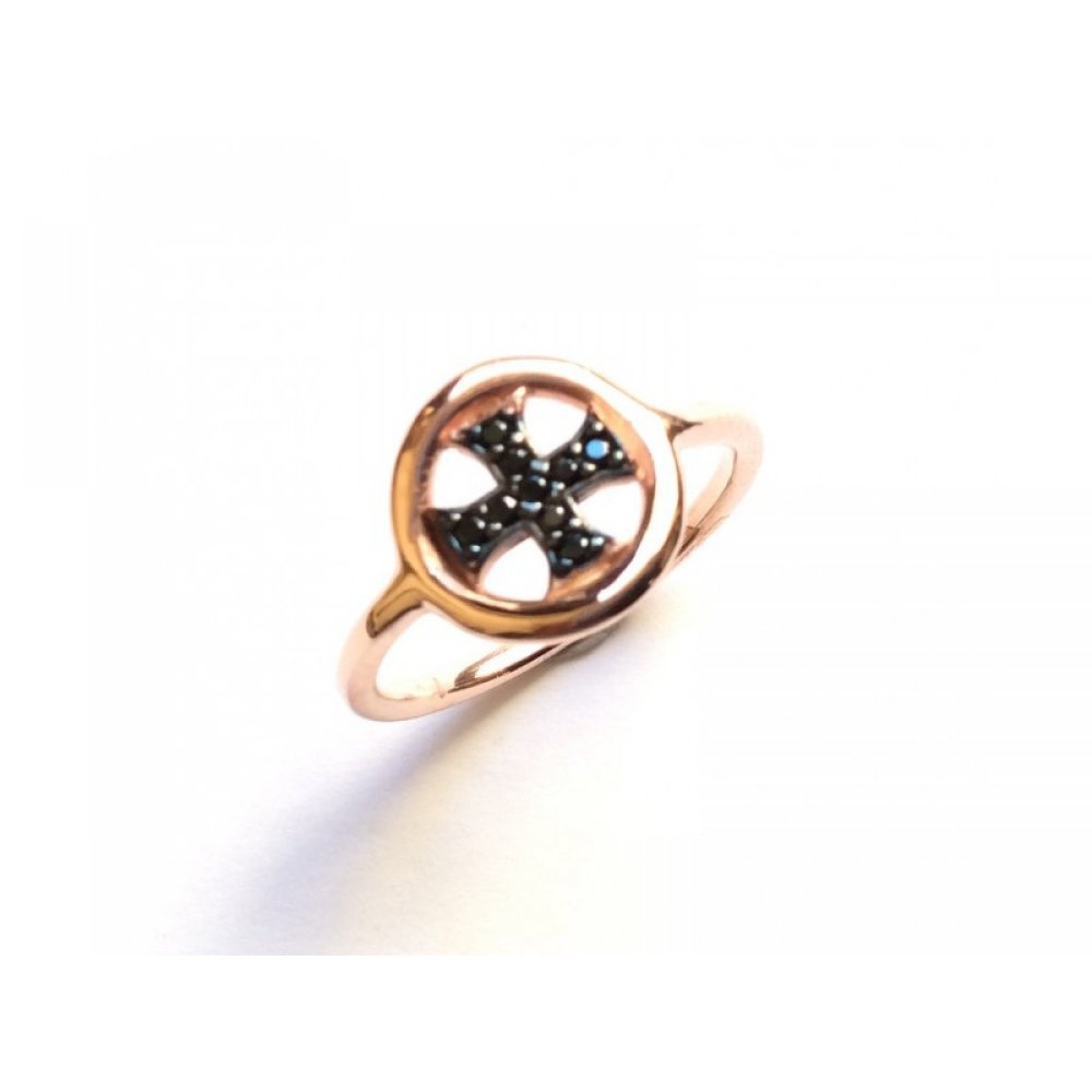 Silver ring, cross motif with black zircons