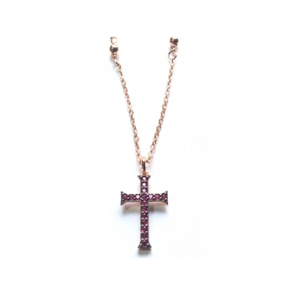 Silver cross necklace with red zircons