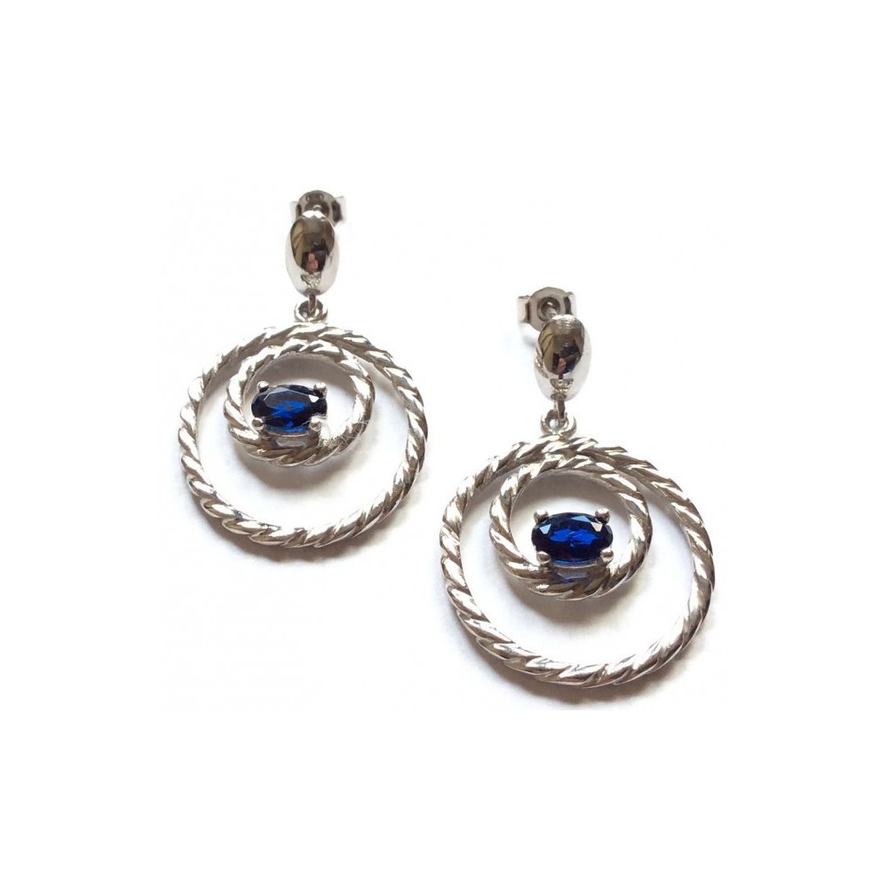 Silver earrings with double twisted circle and london blue topaz