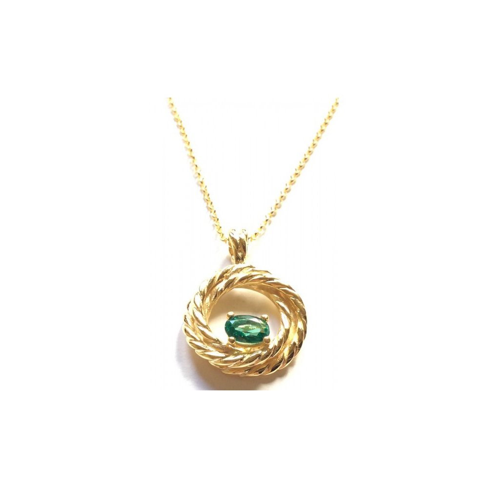 Silver necklace with double twisted circle and green zircon