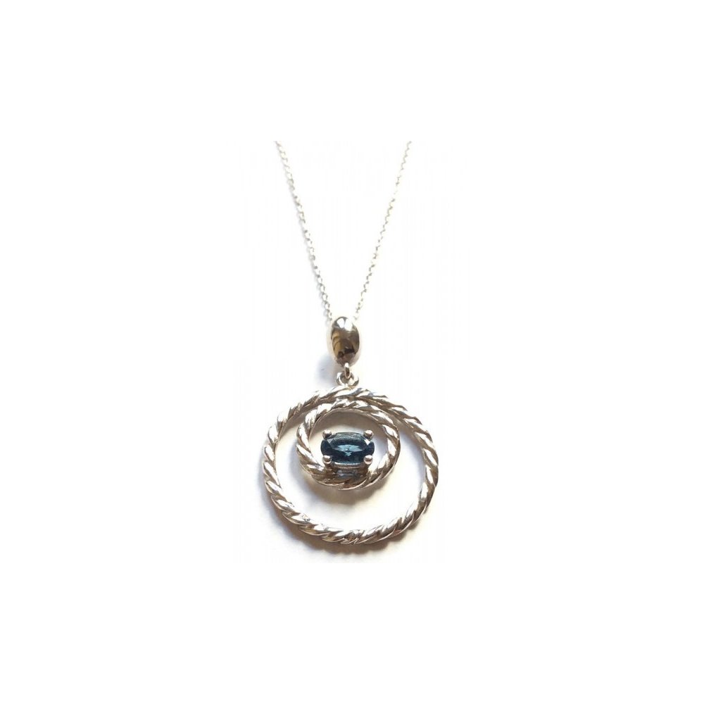 Silver necklace with double twisted circle and london blue topaz
