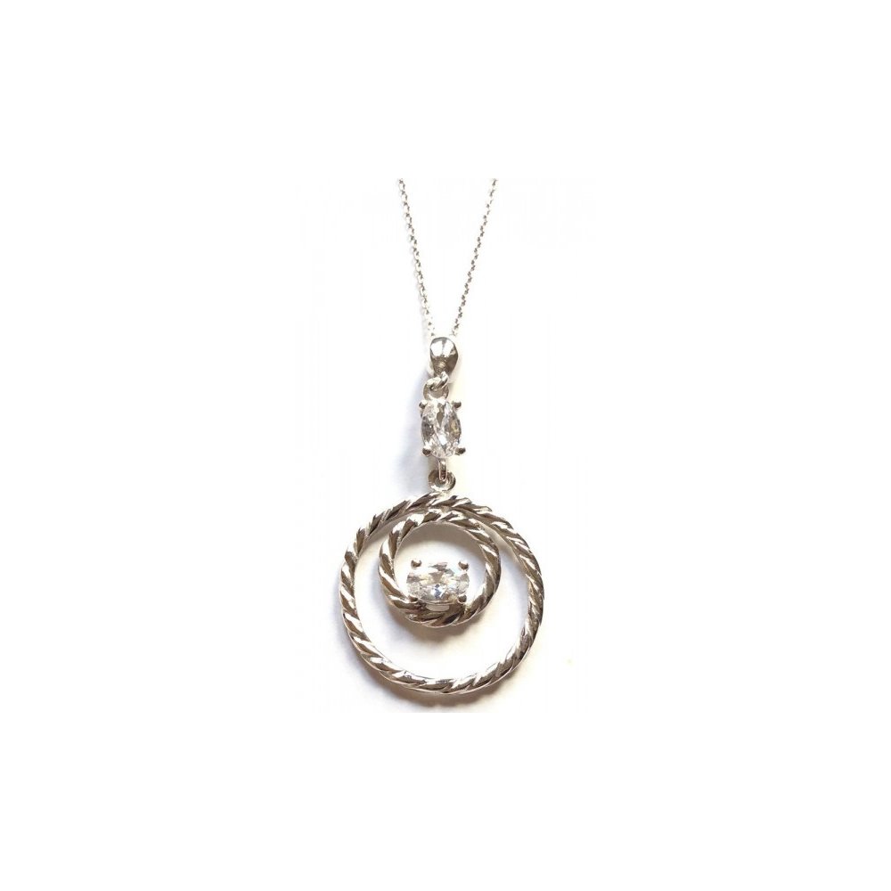 Silver necklace with double twisted circle and white zircon