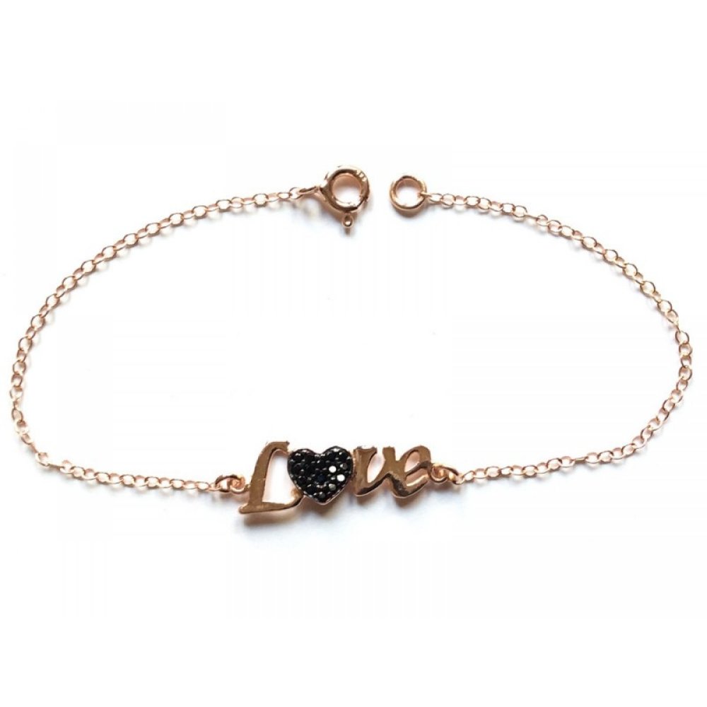 Silver bracelet, "Love" motif with heart and black zircons