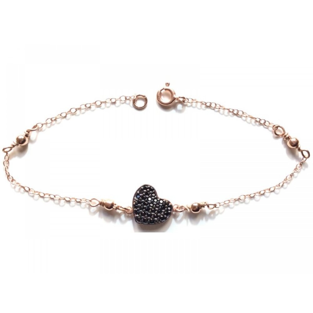 Silver bracelet, heart motif and black zircons