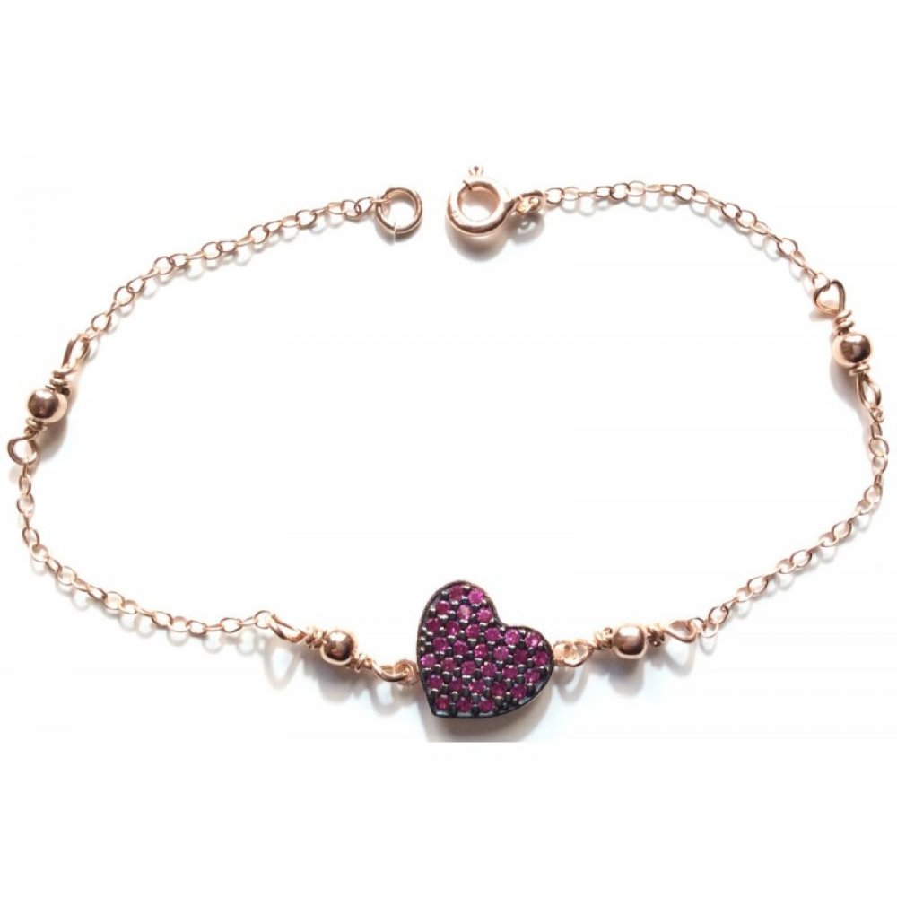 Silver bracelet, heart motif and red zircons