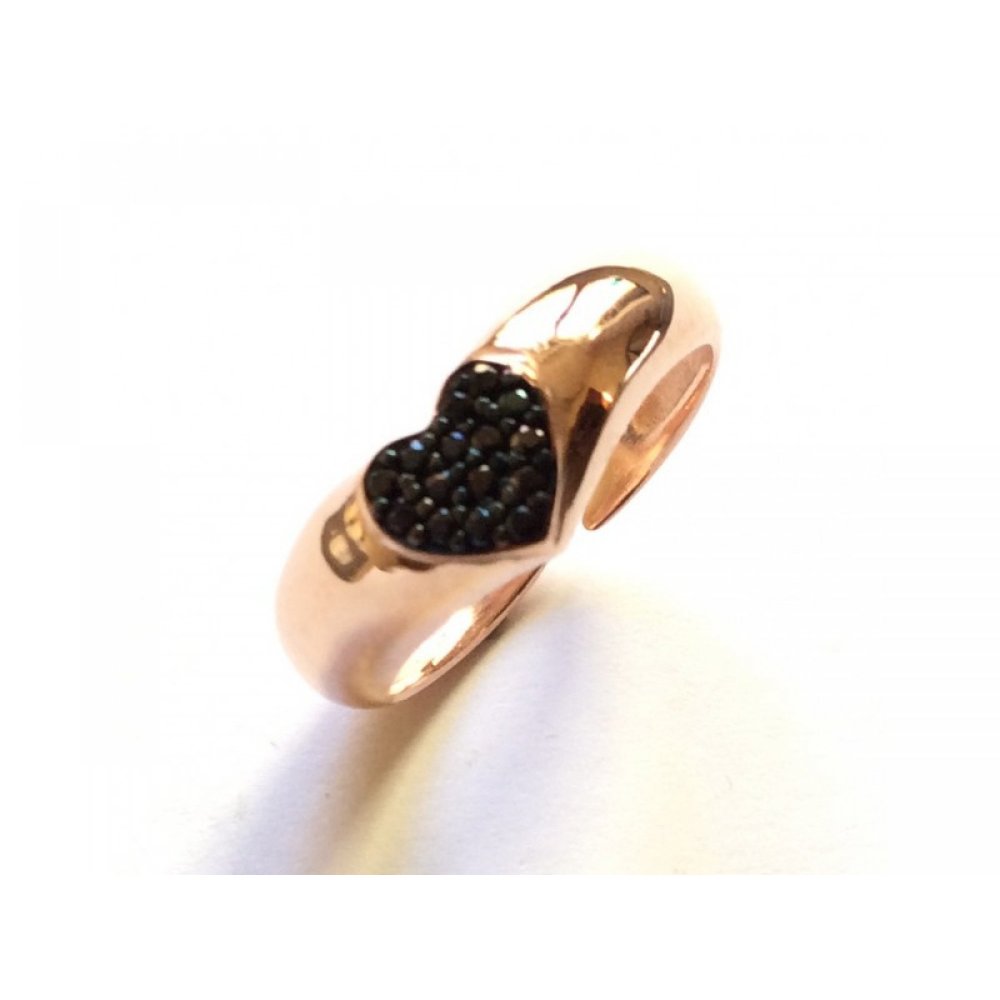 Silver ring, heart motif and black zircons
