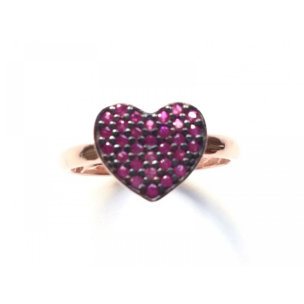 Silver ring, heart motif and red zircons
