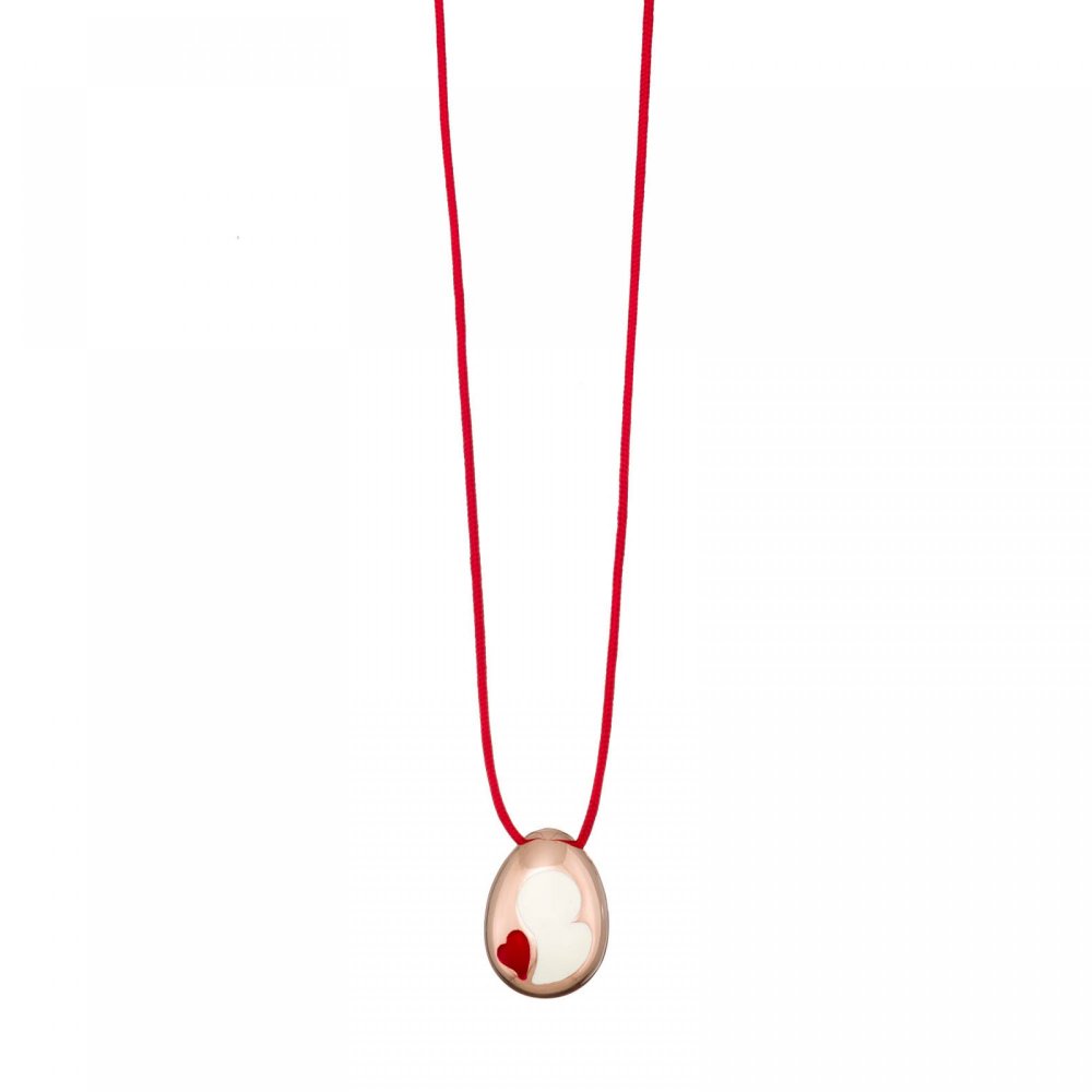 Egg necklace with hearts in red and ivory enamel & burgundy cord