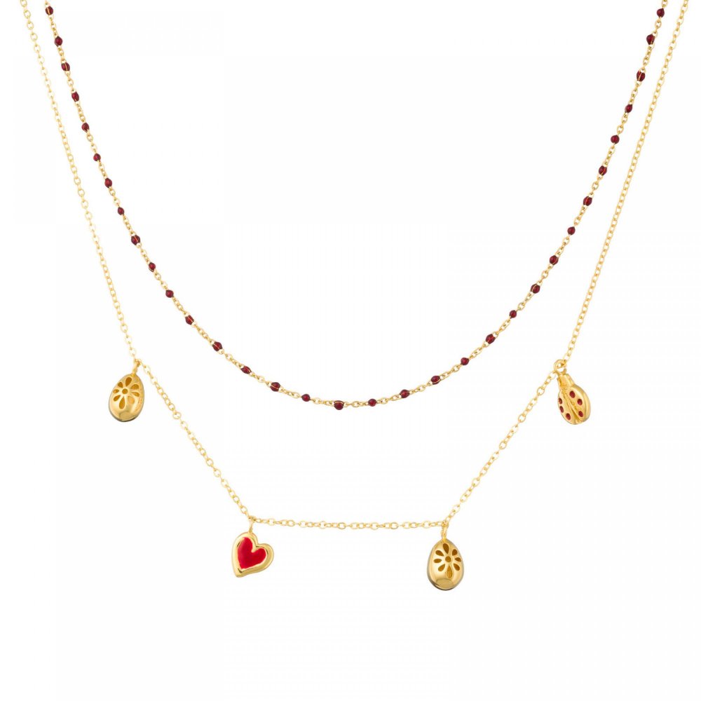 Double charms necklace, inner rosary chain with burgundy enamel, outer chain with flower charms, heart/ladybug with burgundy enamel