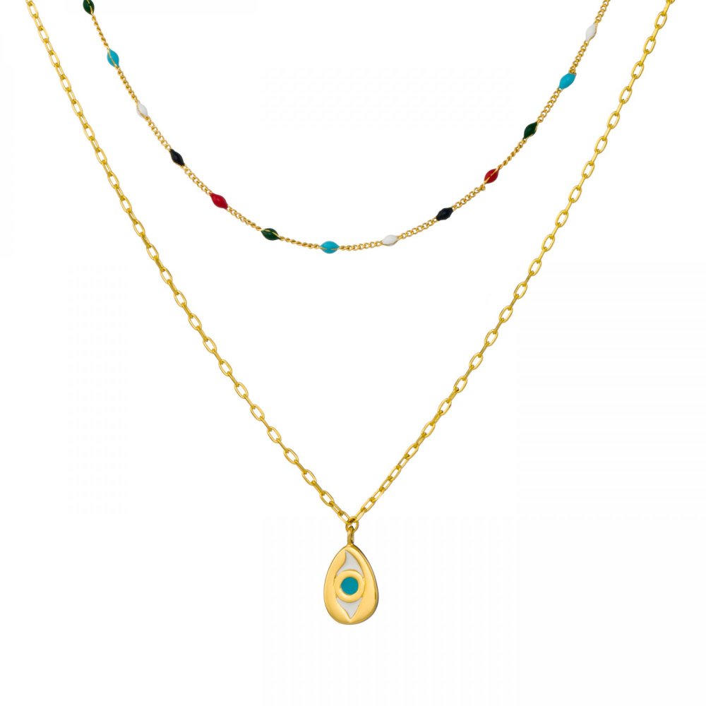 Double necklace, inner chain gold-plated with colorful enamel, outer chain with eye motif, with ivory and turquoise enamel