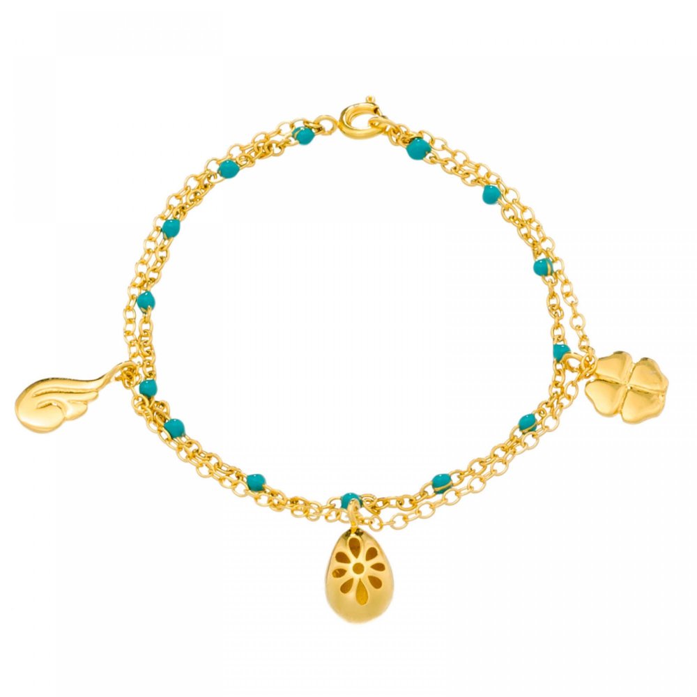 Bracelet with double charms, one rosary chain with turquoise enamel, second chain with flower, feather, quatrefoil charms