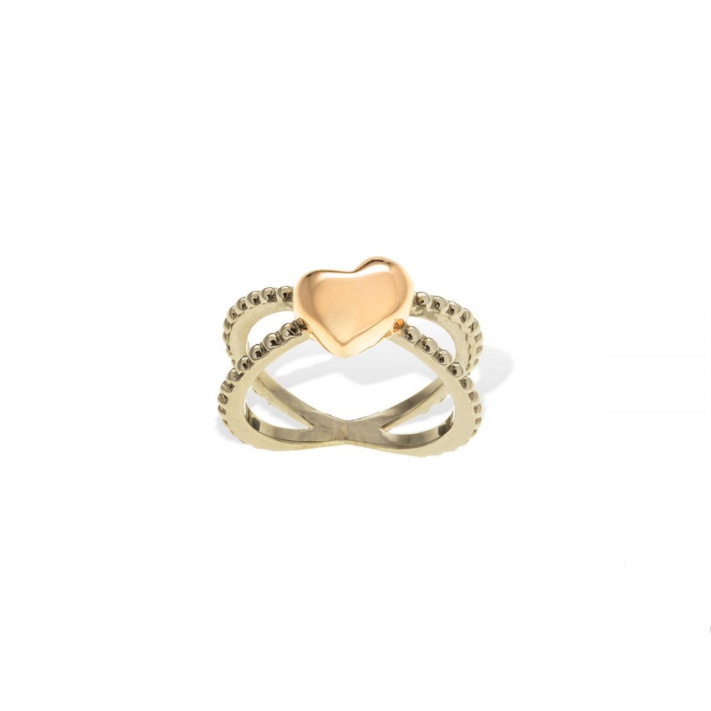 Silver ring with black platinum & rose gold and heart motif