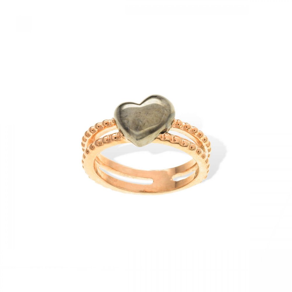 Silver ring with rose gold, black platinum and heart motif