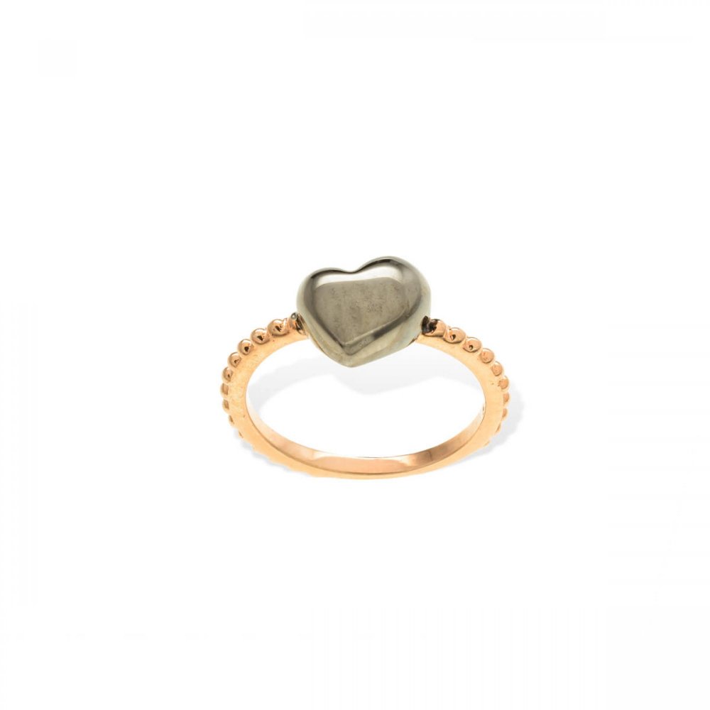 Silver ring with rose gold, black platinum and heart motif