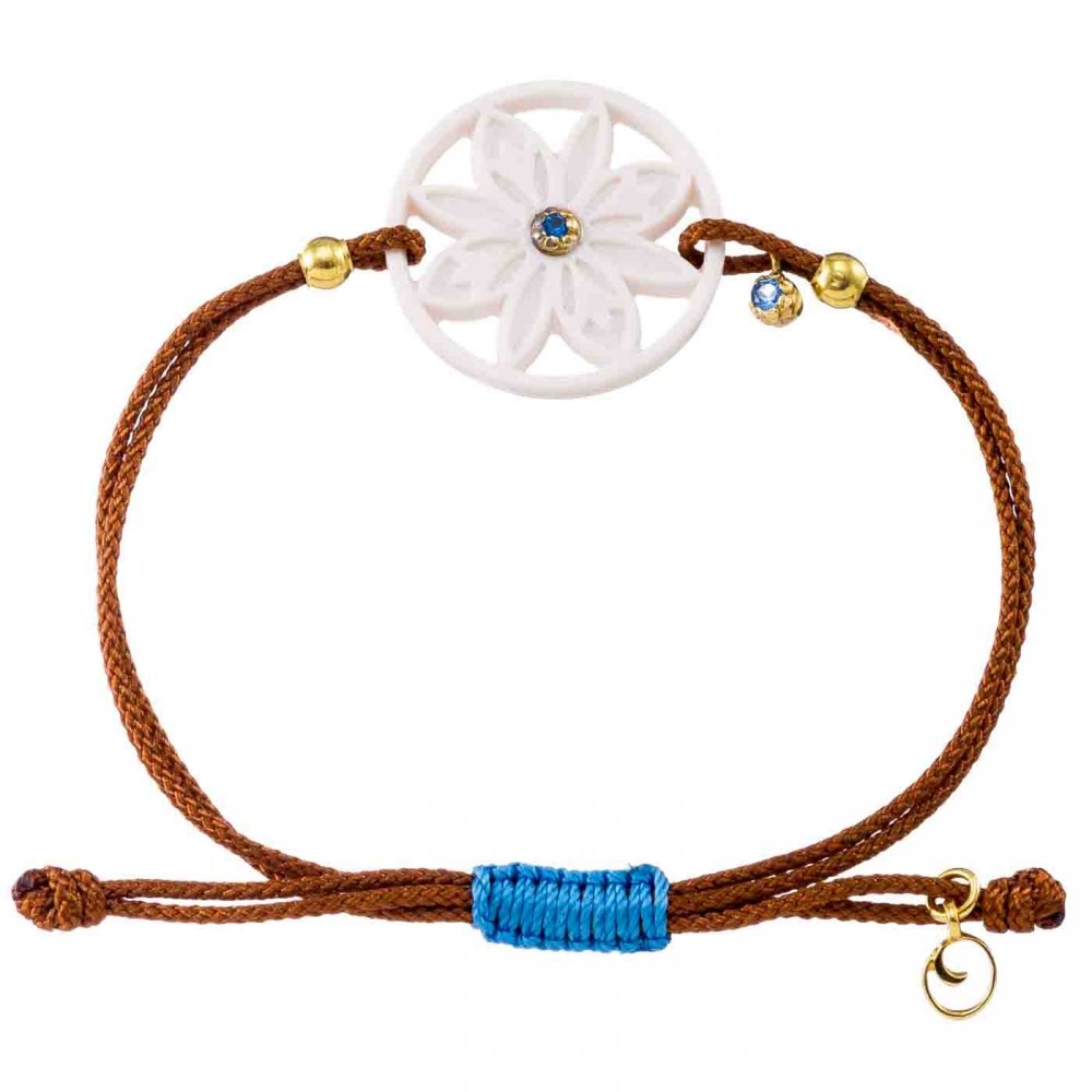 Silver mandala flower bracelet, white onyx & blue zircon and tan cord
