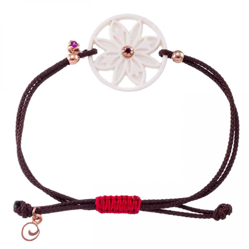 Silver mandala flower bracelet, white onyx & fuchsia zircon and brown cord