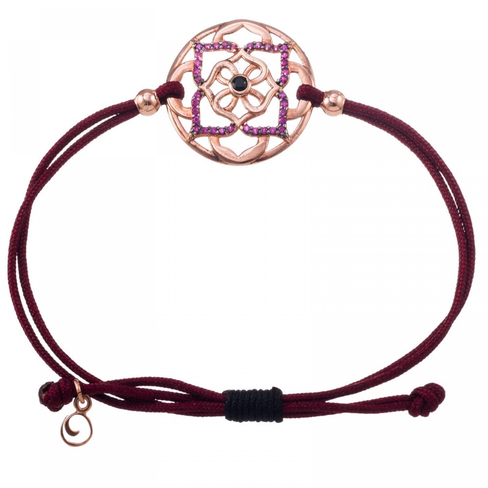 Silver mandala flower bracelet, fuchsia and black zircon and burgundy cord