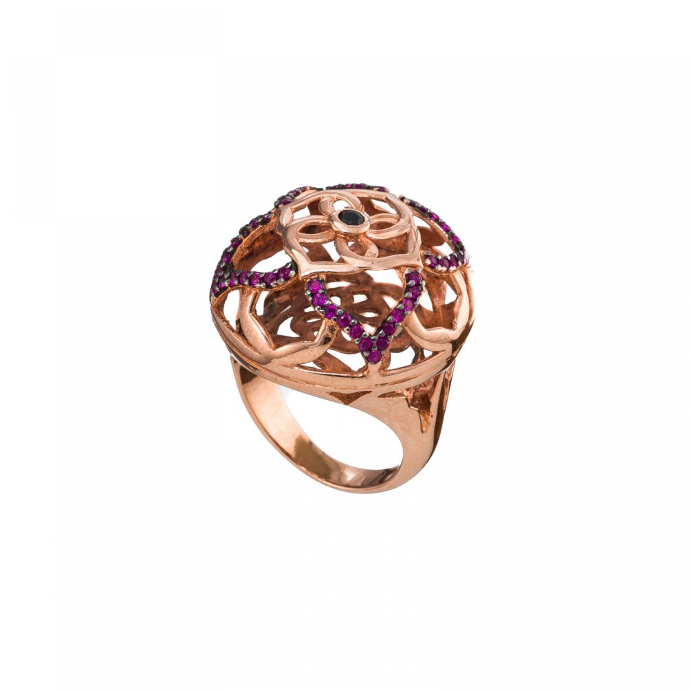 Silver ring, mandala flower, with fuchsia and black zircon