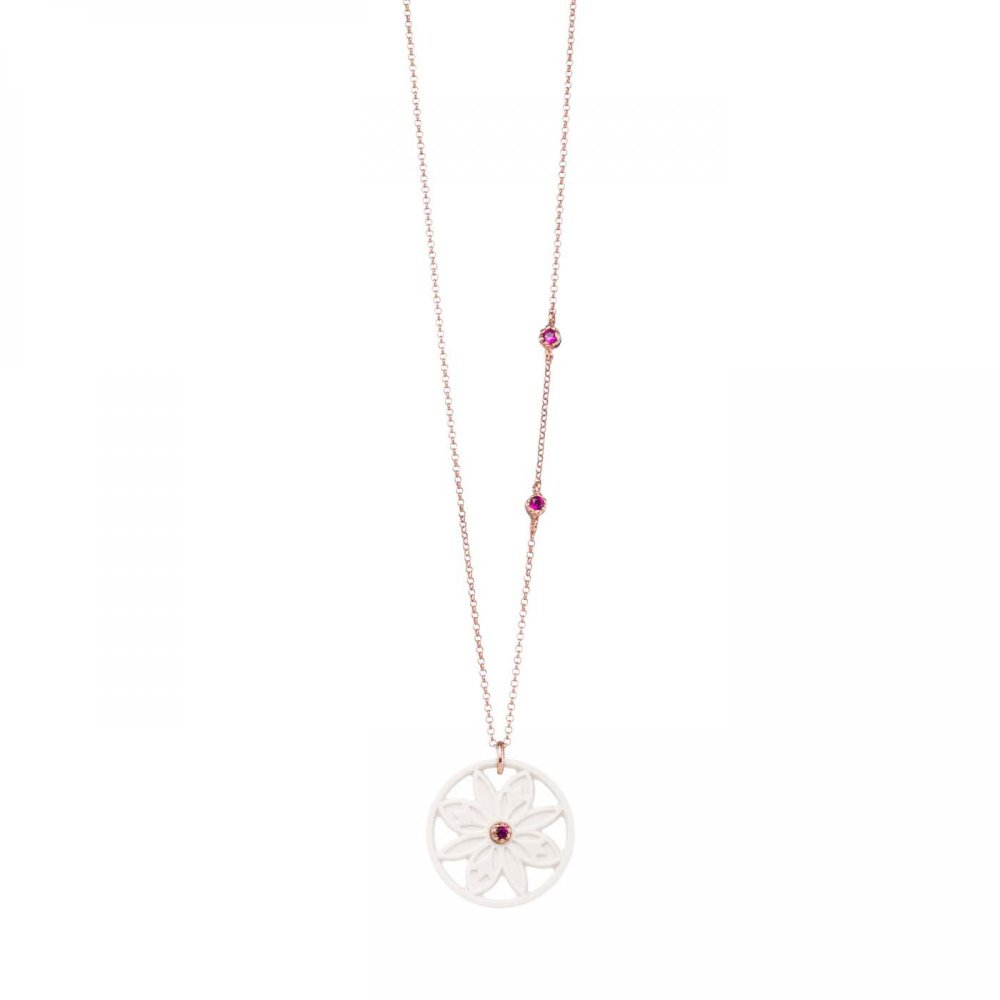 Silver mandala flower necklace, white onyx & fuchsia zircon and chain with fuchsia zircon