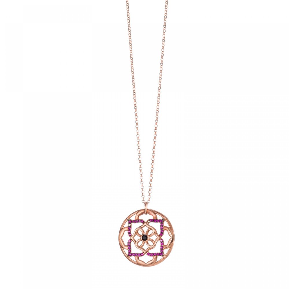 Silver mandala flower necklace, fuchsia & black zircon and chain