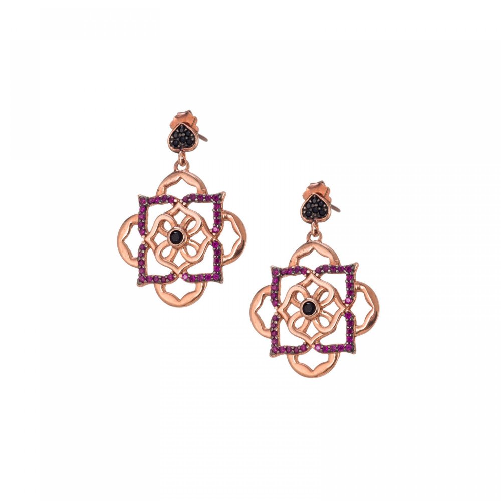 Silver earrings, mandala flower, fuchsia & black zircon