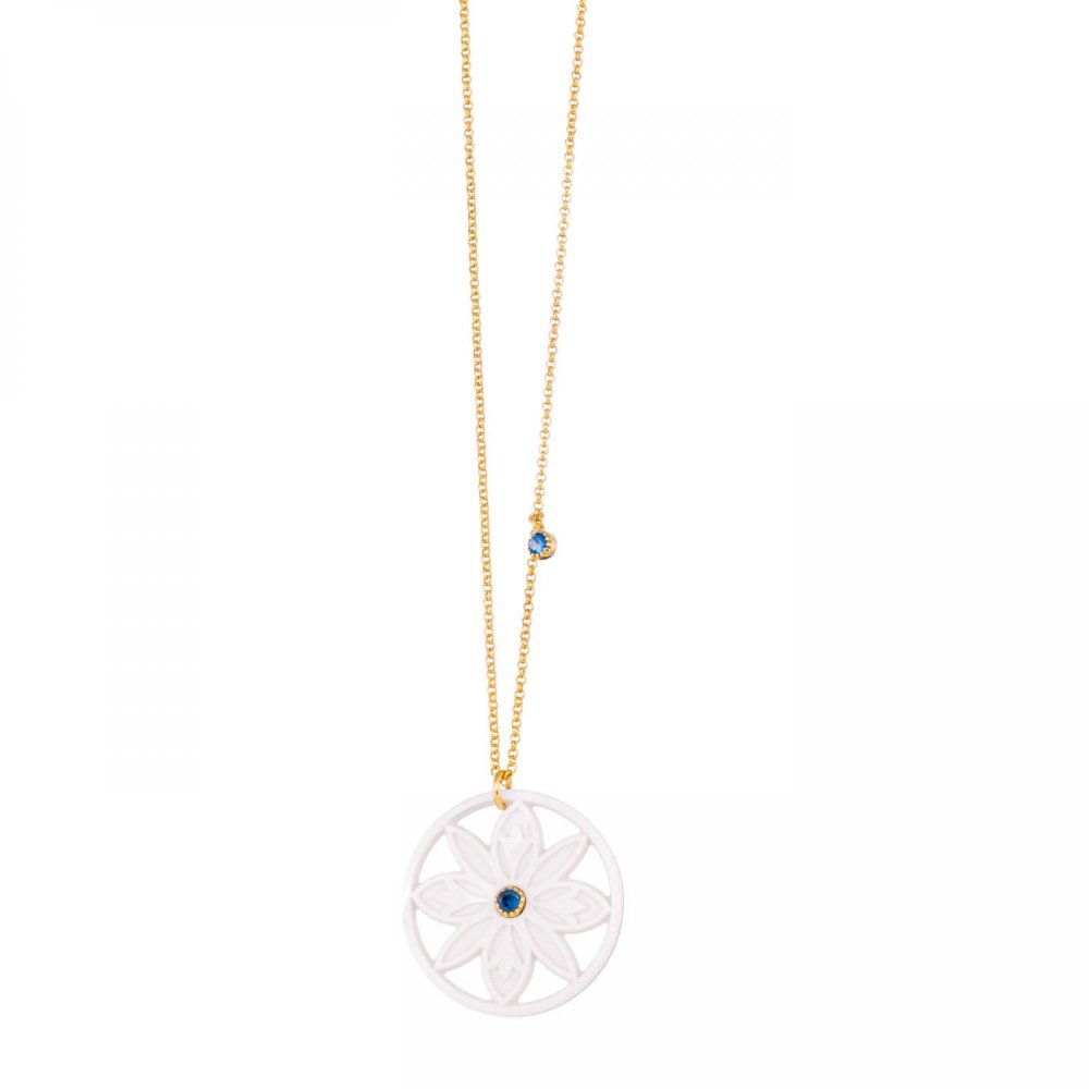Mandala flower necklace, white onyx & blue zircon and chain with blue zircon