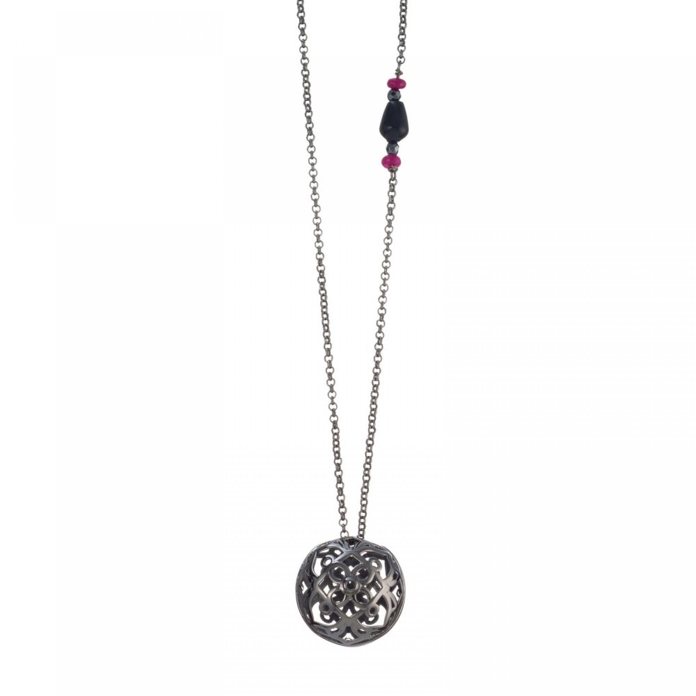 Mandala flower necklace, agates & hematites and chain