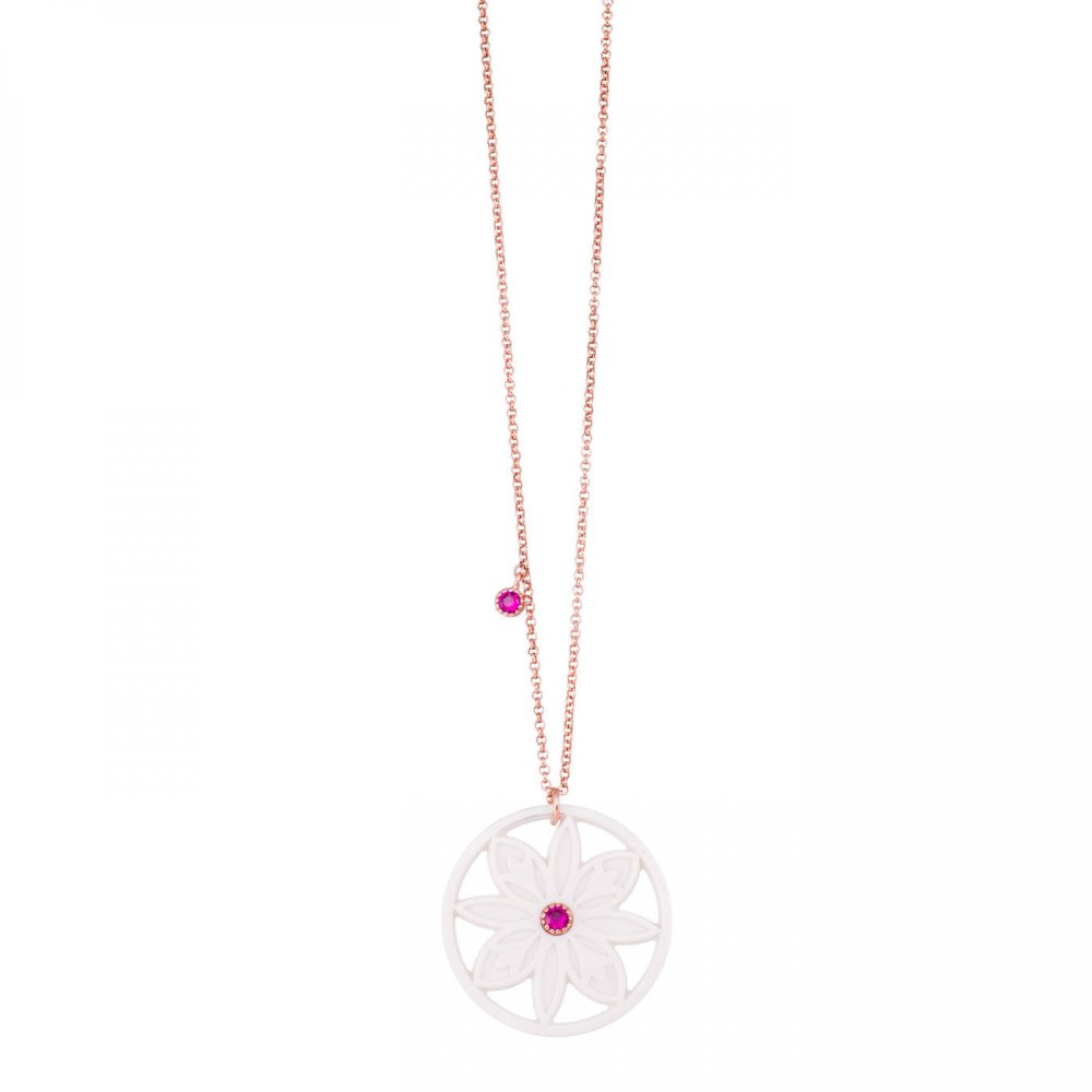 Mandala flower necklace, white onyx & fuchsia zircon and chain with fuchsia zircon