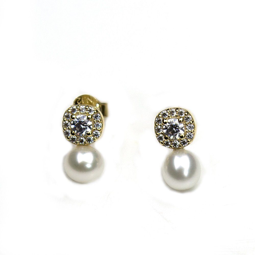 K9 gold earrings with pearl and white zircons