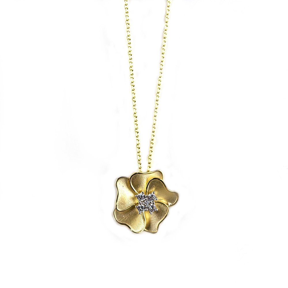 K9 gold flower necklace with white zircons