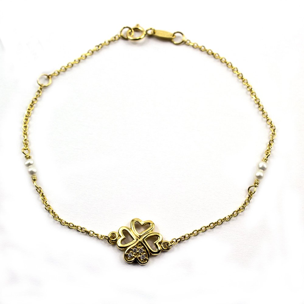 K9 gold bracelet with white zircon hearts and pearls