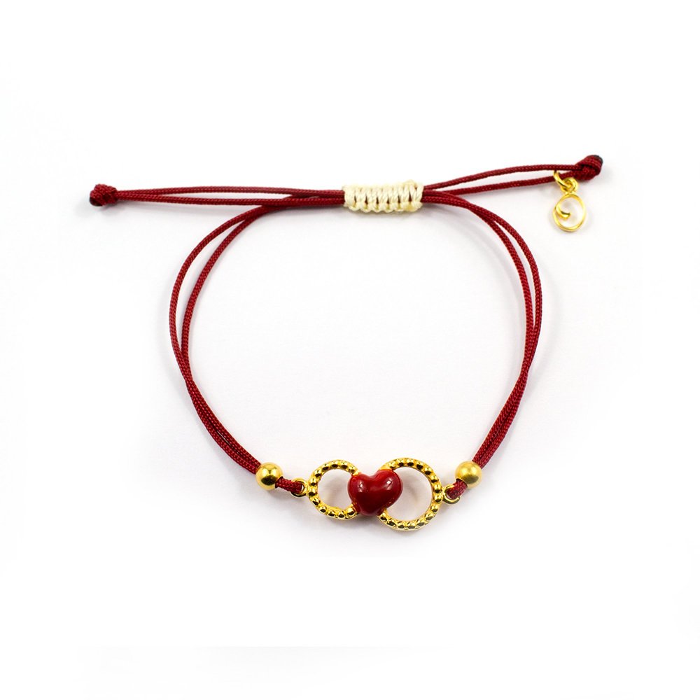  Silver bracelet, heart motif with burgundy enamel and burgundy cord