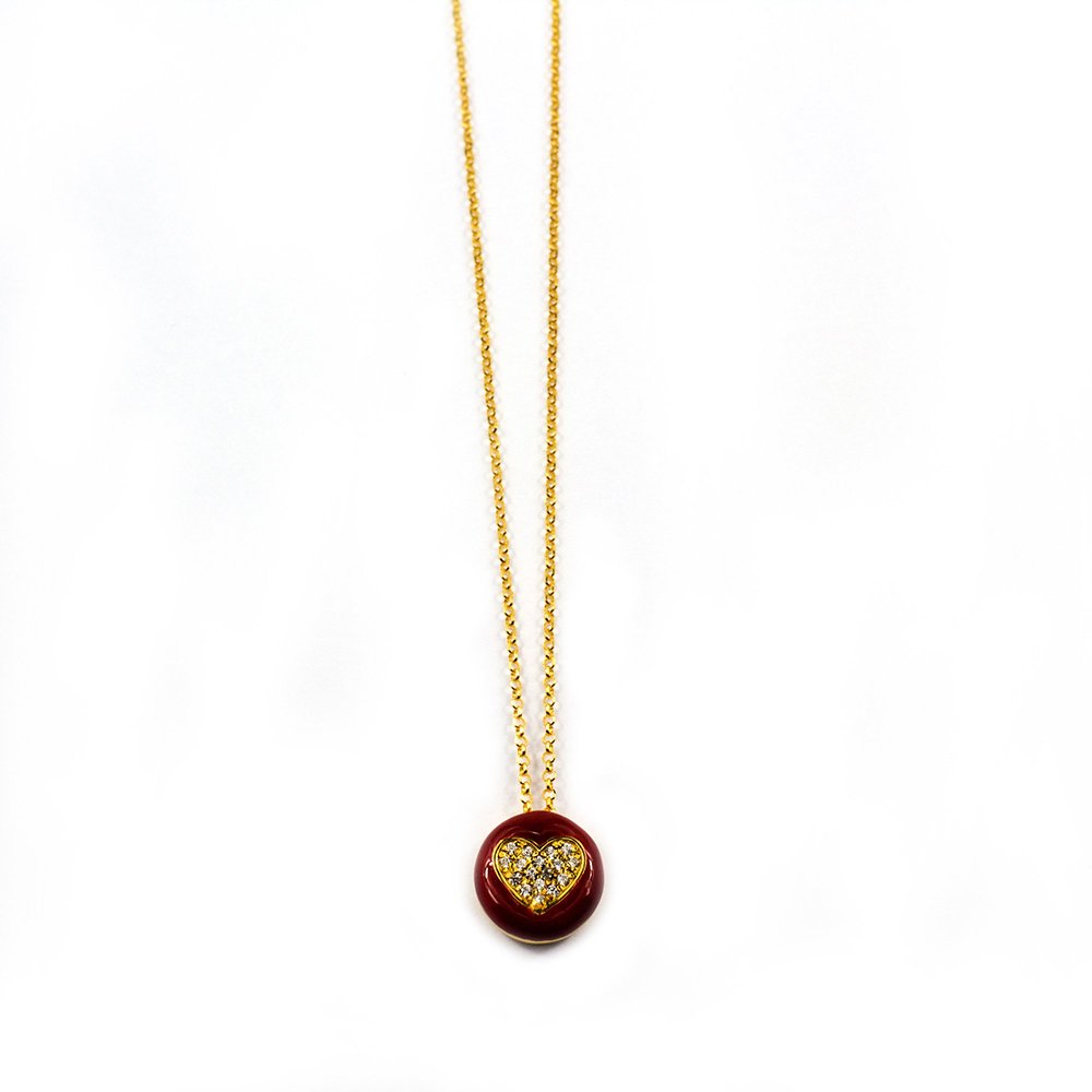  Silver necklace, heart motif with burgundy enamel, white zircons and gold-plated chain