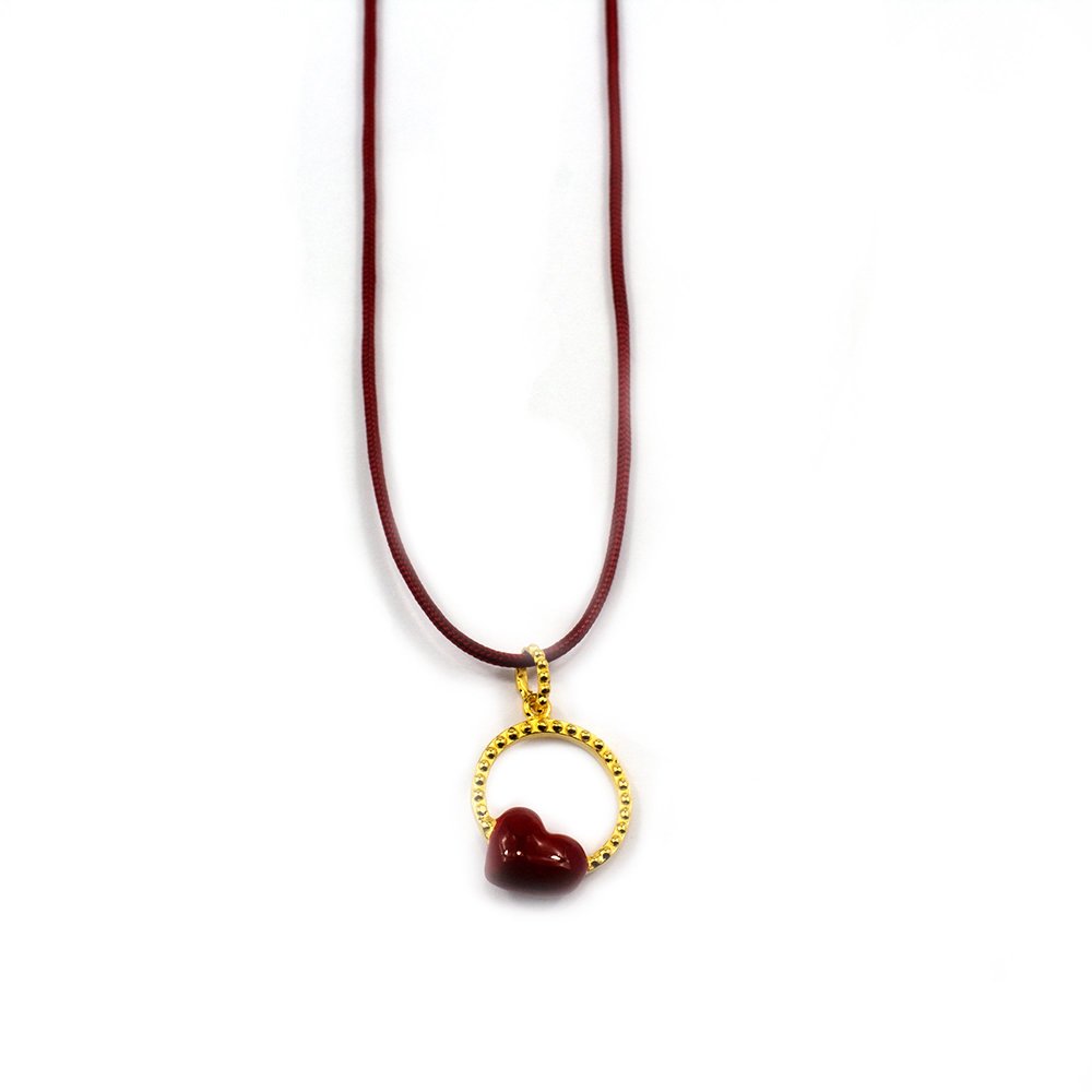  Silver necklace, heart motif with burgundy enamel and burgundy cord