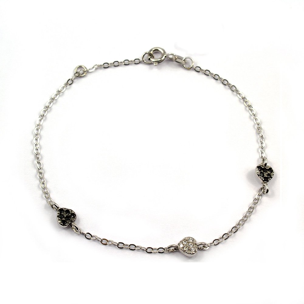 White gold bracelet 14K with hearts with white and black cz