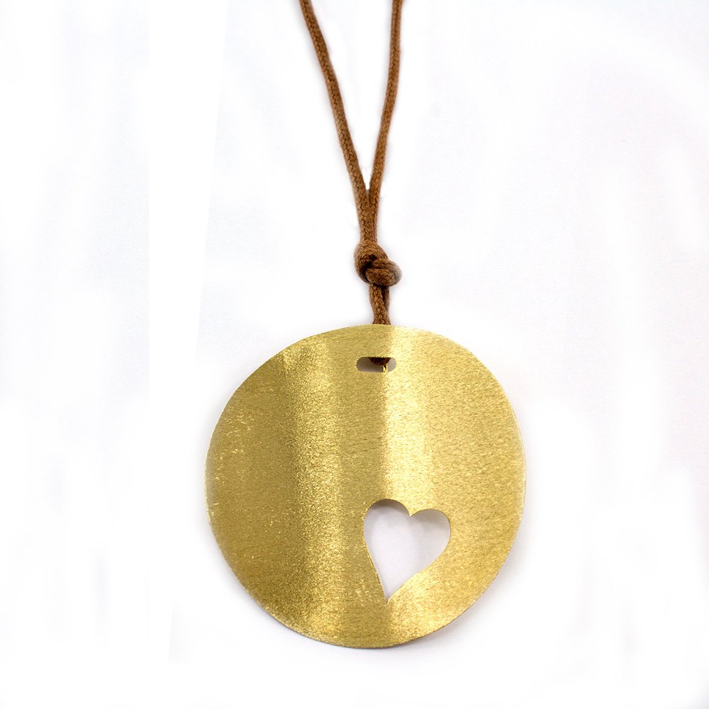 Yellow gold heart pendant with brown cord