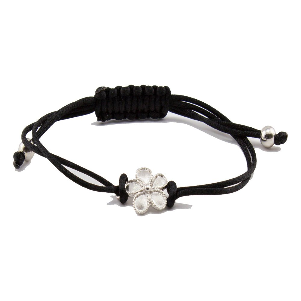 Silver Rose Bracelet with black cord