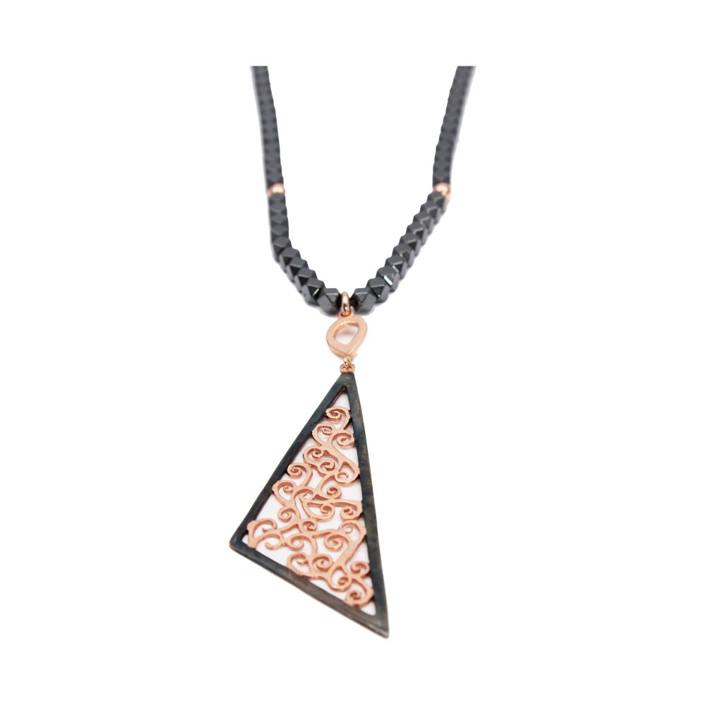 Silver necklace with two-tone triangle motif and cord with hematites