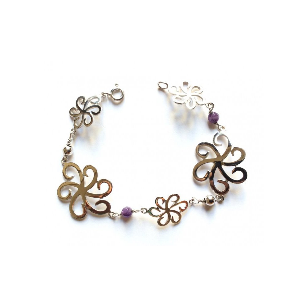Silver bracelet, daisies and amethyst motifs