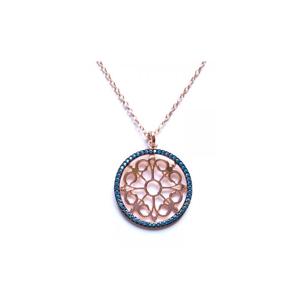 Silver necklace with round motif and sea zircon