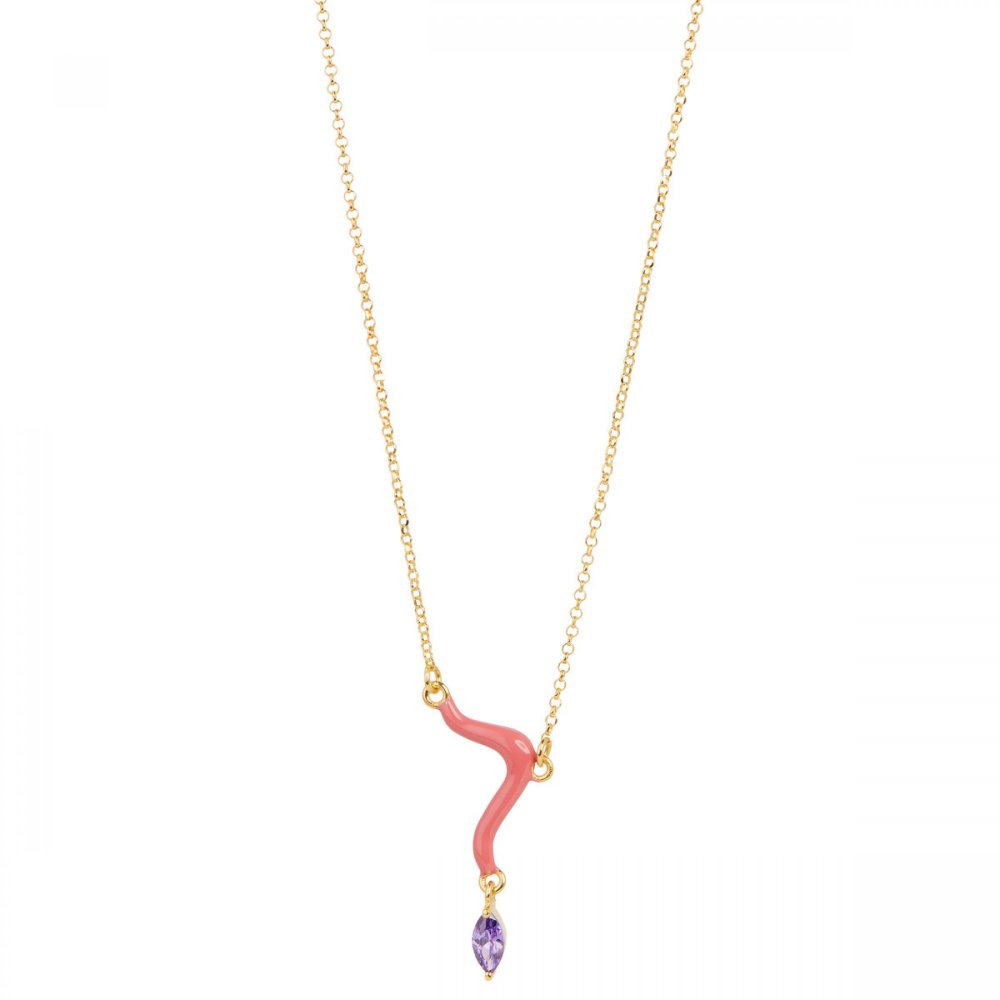 Silver wave necklace with coral enamel and purple zircon pendant