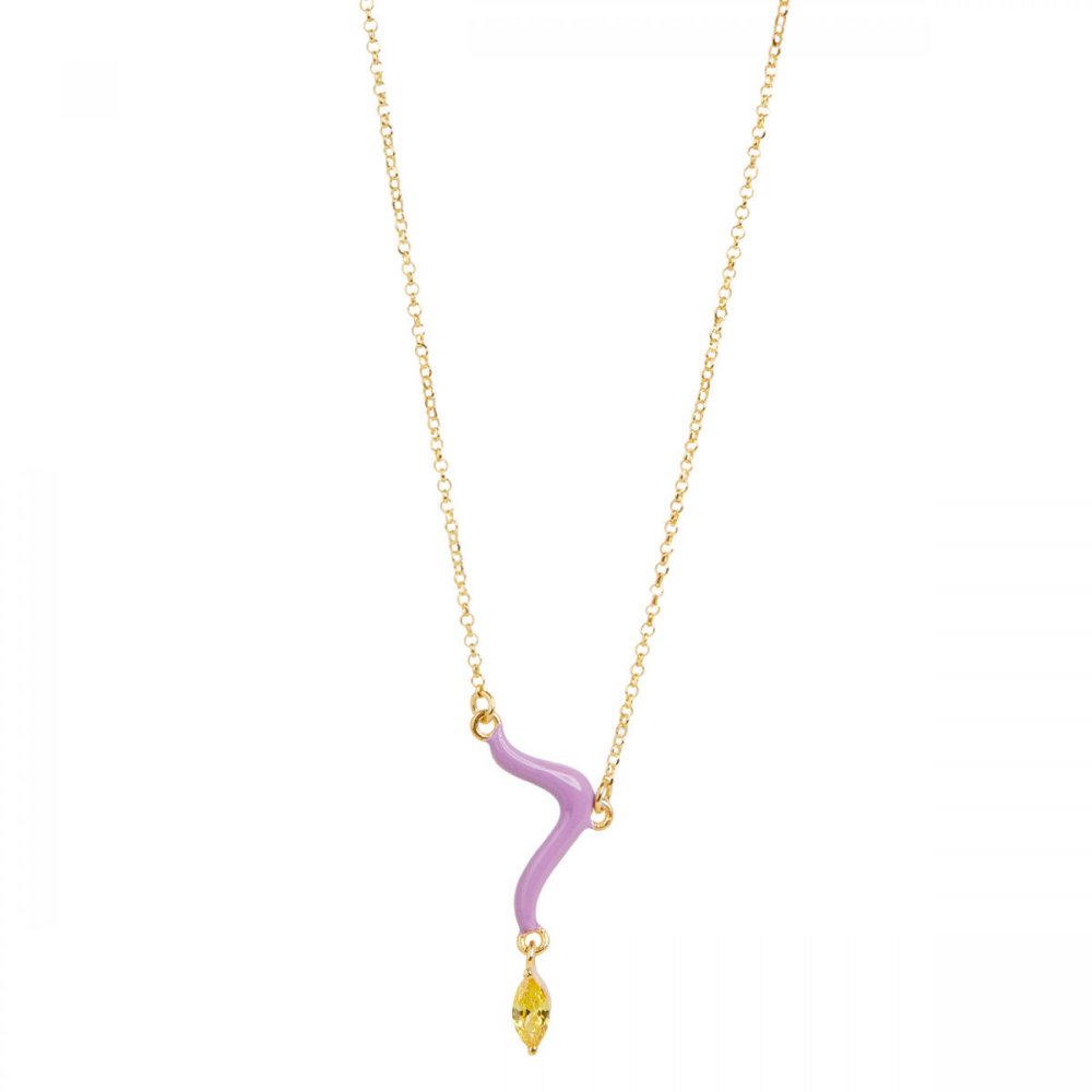 Silver wave necklace with purple enamel and hanging yellow zircon