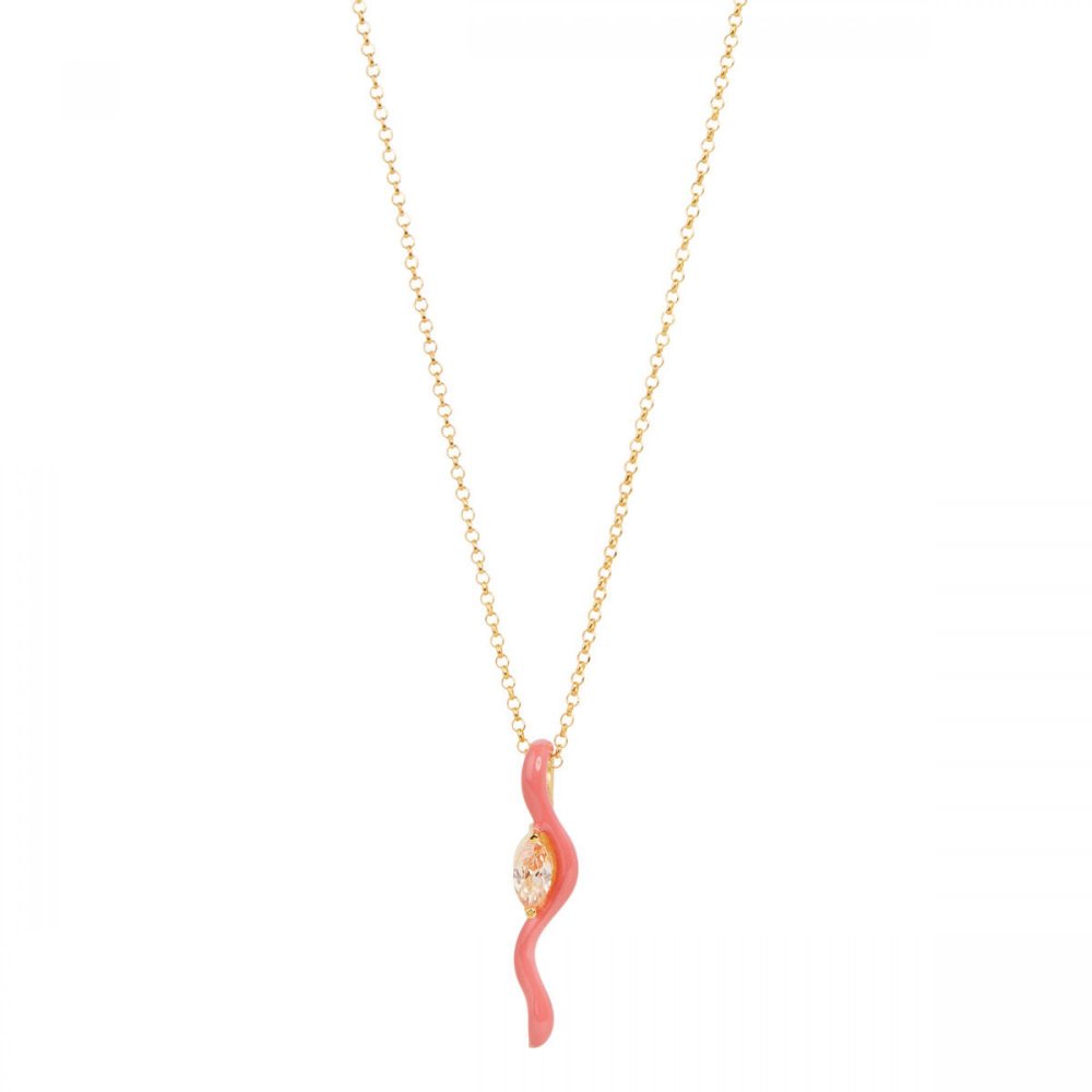 Silver wave necklace with coral enamel and champagne zircon